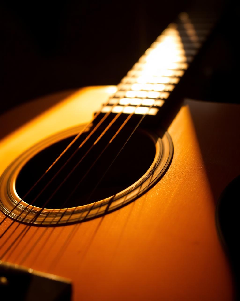 Detalhe de um violão com luz quente sobre a madeira